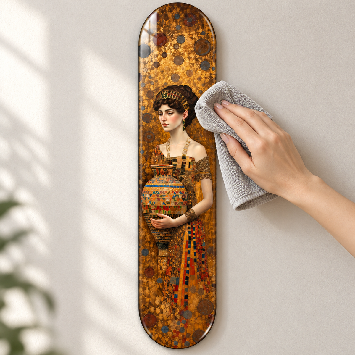 Altın Mozaik Amforalı Kadın Dikey Skate Board Cam Tablo – Mikrofiber bezle bakım