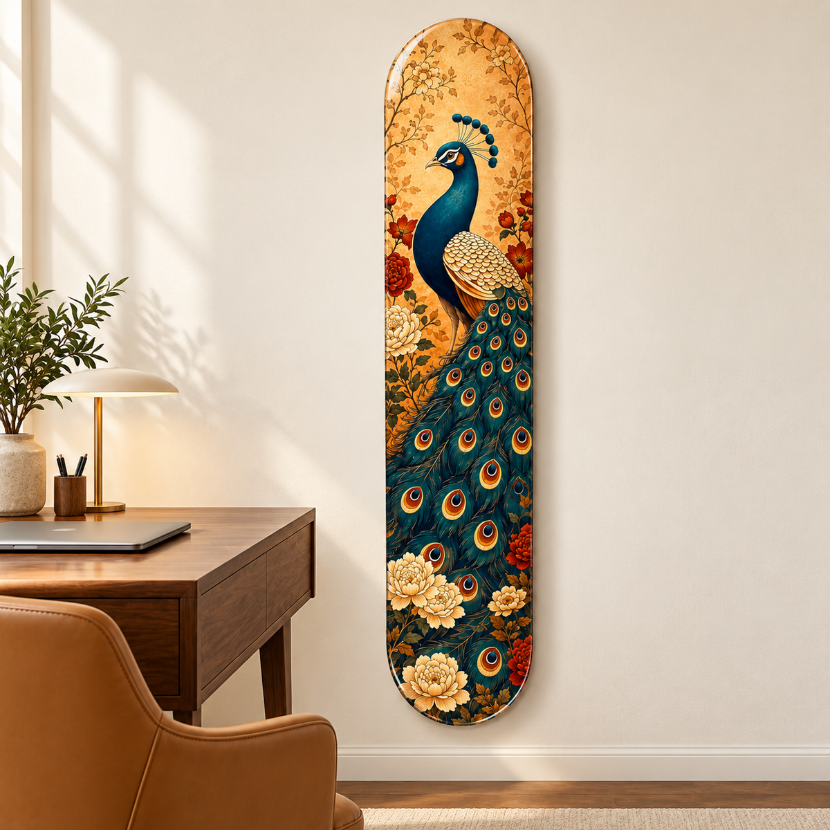 Altın Zeminde Çiçekli Tavus Kuşu Dikey Skate Board Cam Tablo – Çalışma odasında görünüm