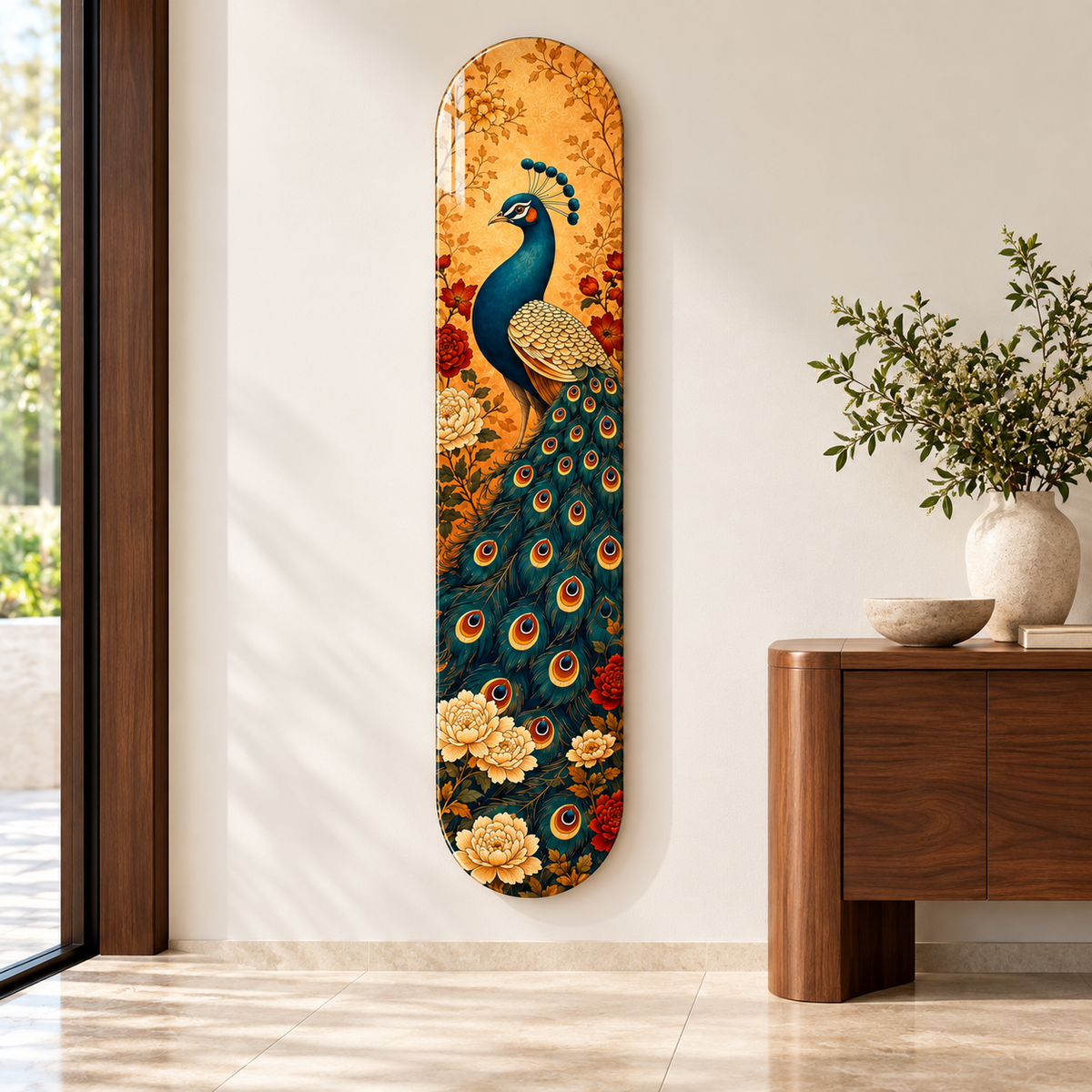 Altın Zeminde Çiçekli Tavus Kuşu Dikey Skate Board Cam Tablo – Antrede görünüm
