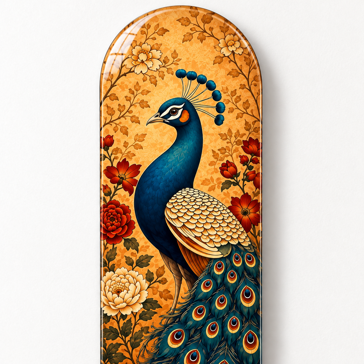 Altın Zeminde Çiçekli Tavus Kuşu Dikey Skate Board Cam Tablo – UV baskı detayı