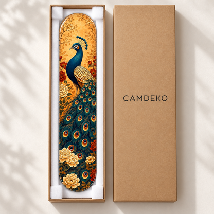 Altın Zeminde Çiçekli Tavus Kuşu Dikey Skate Board Cam Tablo – CAMDEKO ambalajı