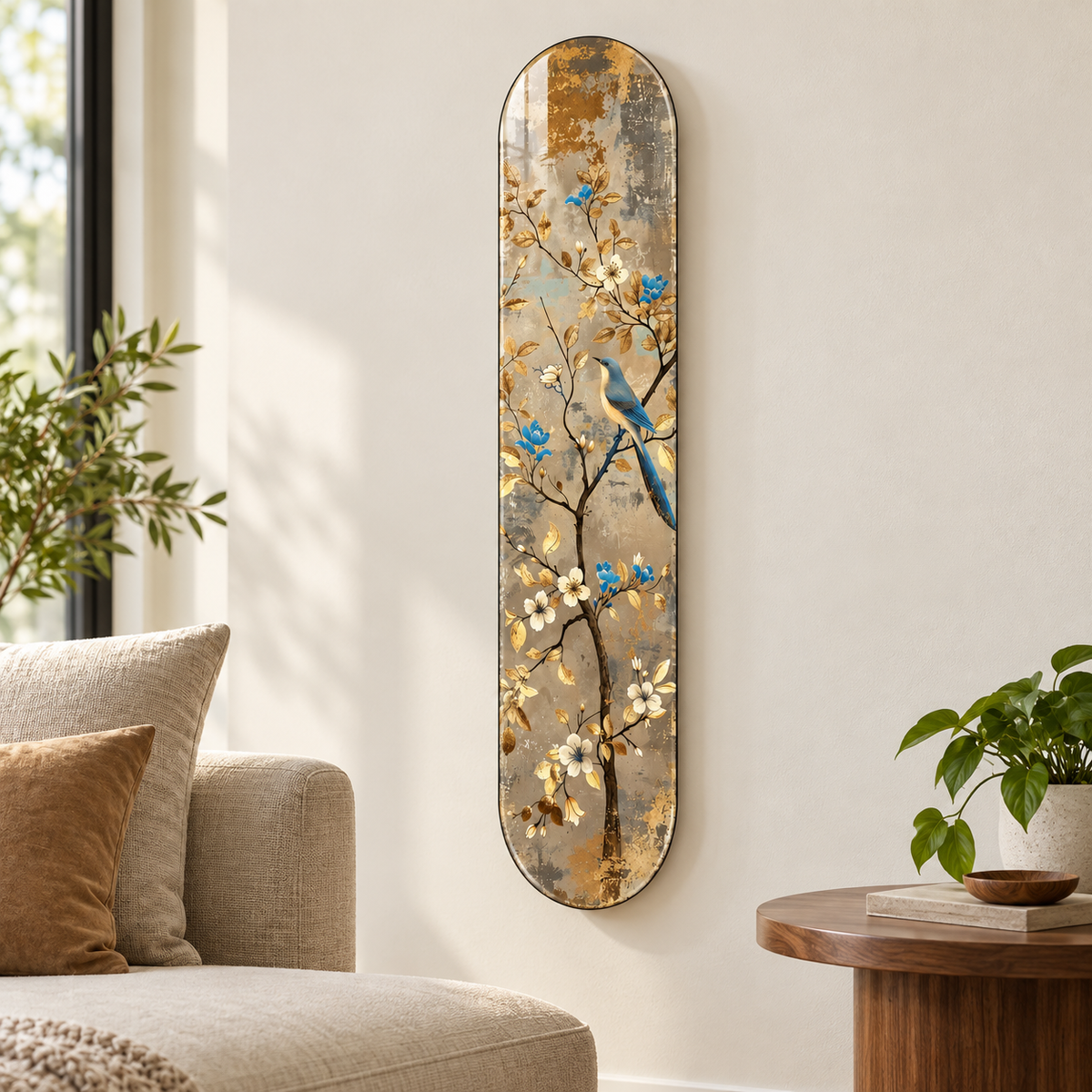 Altın Yapraklar Arasında Mavi Kuş Dikey Skate Board Cam Tablo – Salonda görünüm