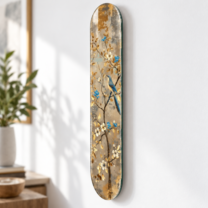 Altın Yapraklar Arasında Mavi Kuş Dikey Skate Board Cam Tablo – Duvar mesafesi