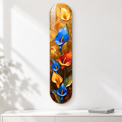 Altın Zeminde Renkli Gala Çiçekleri Dikey Skate Board Cam Tablo – Mikrofiber bezle bakım