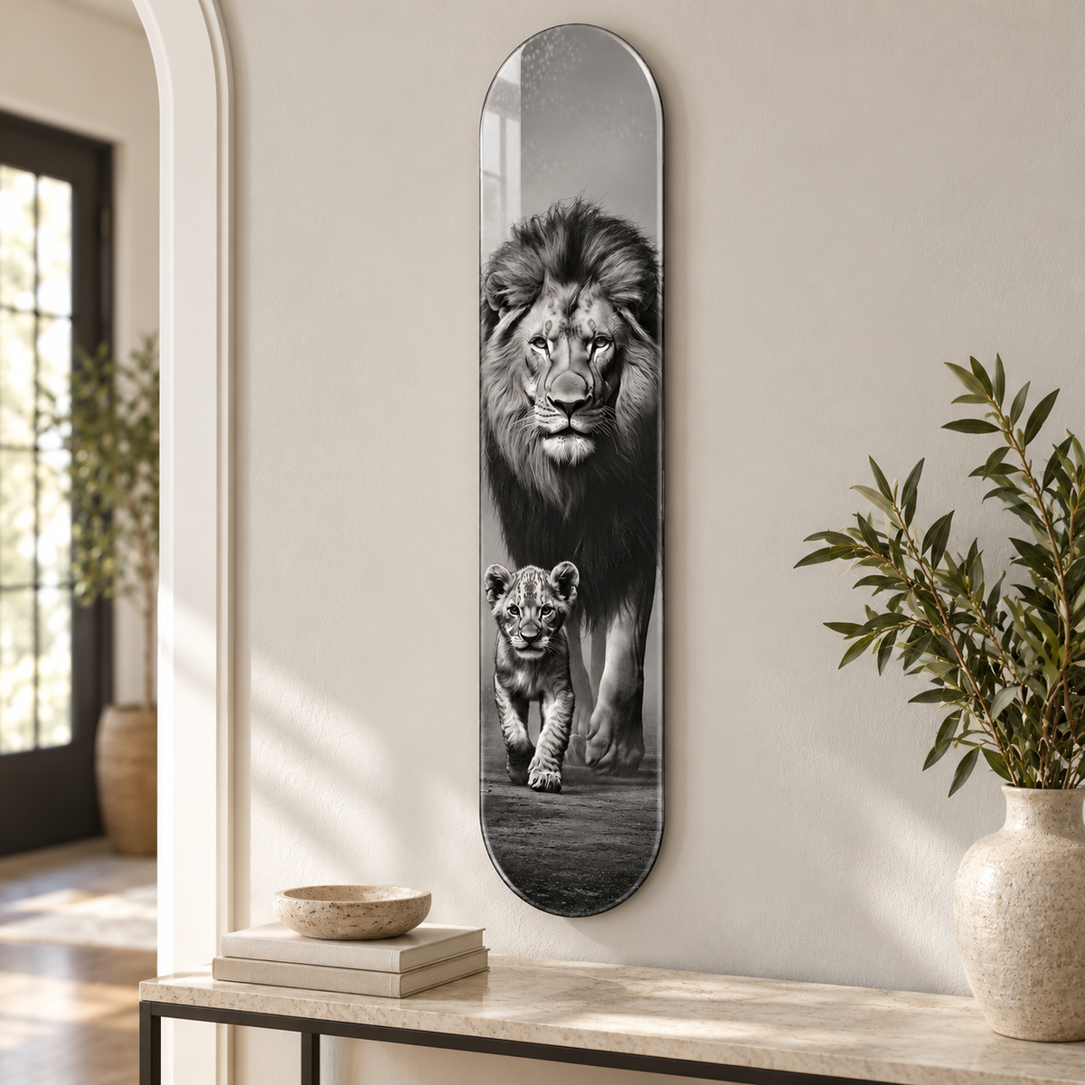 Aslan ve Yavrusu Dikey Skate Board Cam Tablo – Antrede görünüm