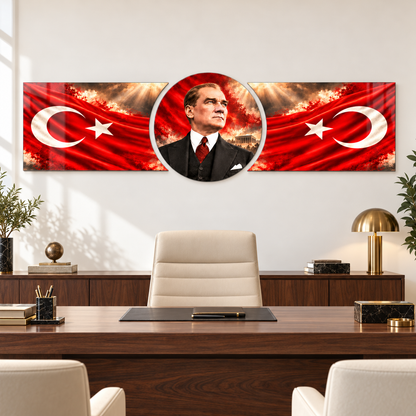 Atatürk ve Çift Bayrak Şekilli Kesim Cam Tablo — Ofis