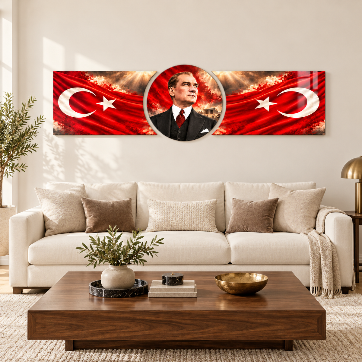 Atatürk ve Çift Bayrak Şekilli Kesim Cam Tablo — Salon