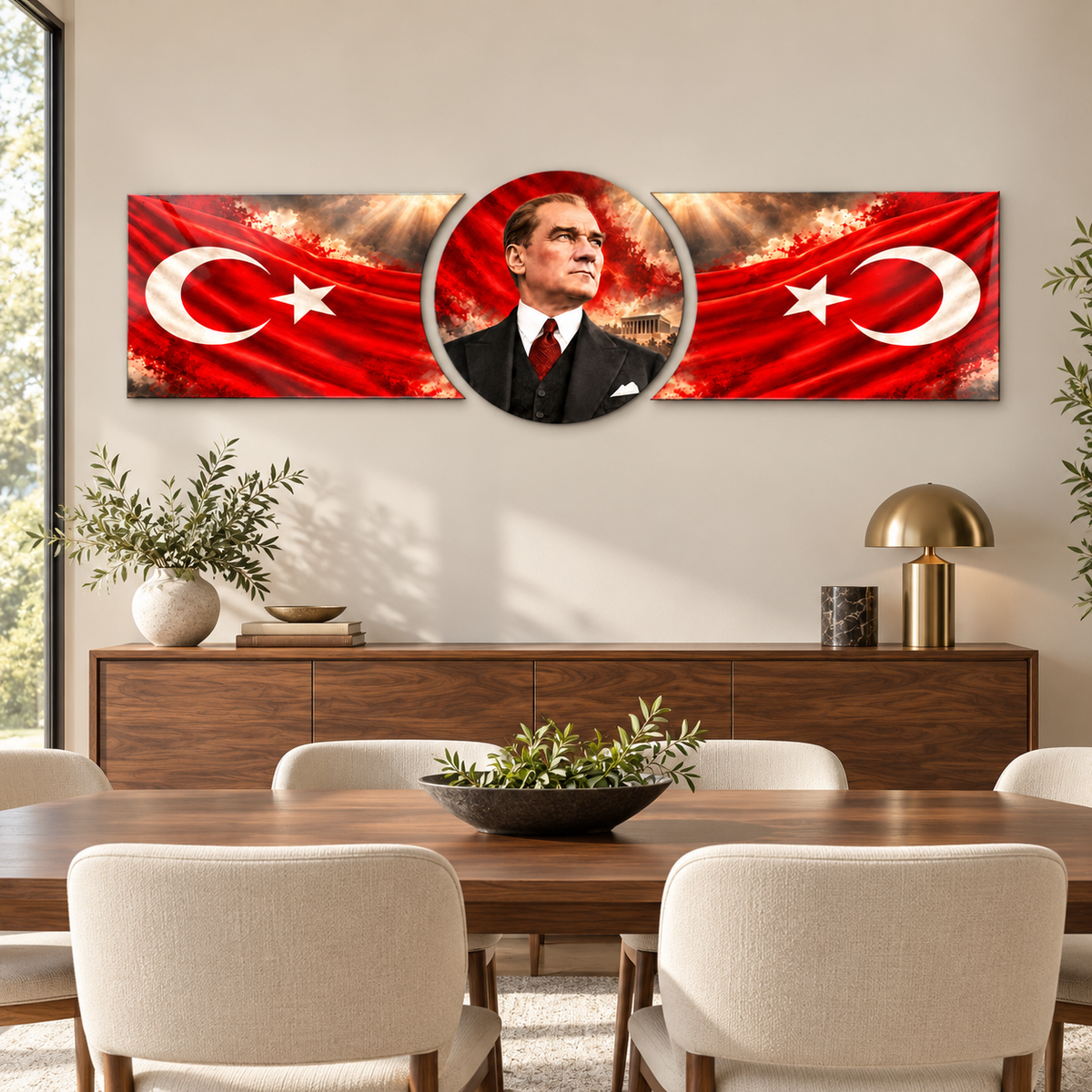 Atatürk ve Çift Bayrak Şekilli Kesim Cam Tablo — Yemek odası