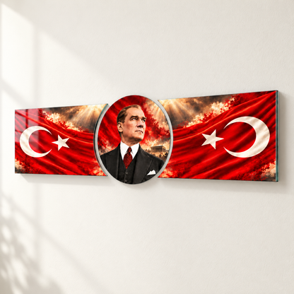 Atatürk ve Çift Bayrak Şekilli Kesim Cam Tablo — Duvar mesafesi