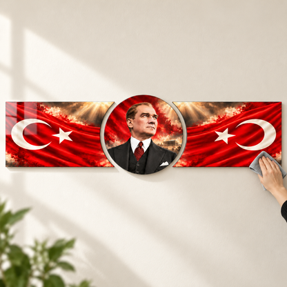 Atatürk ve Çift Bayrak Şekilli Kesim Cam Tablo — Temizlik