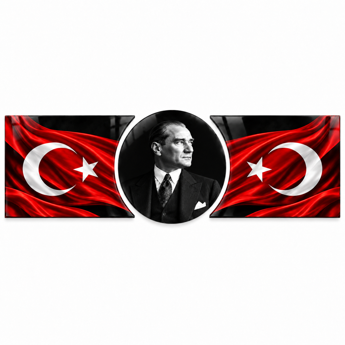 Atatürk ve karşılıklı Türk bayraklı şekilli kesim cam tablo beyaz zemin vitrin