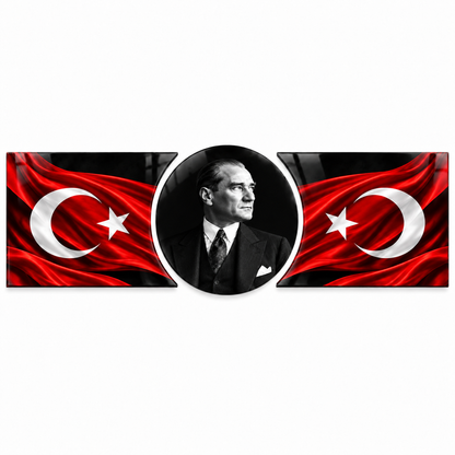 Atatürk ve karşılıklı Türk bayraklı şekilli kesim cam tablo beyaz zemin vitrin
