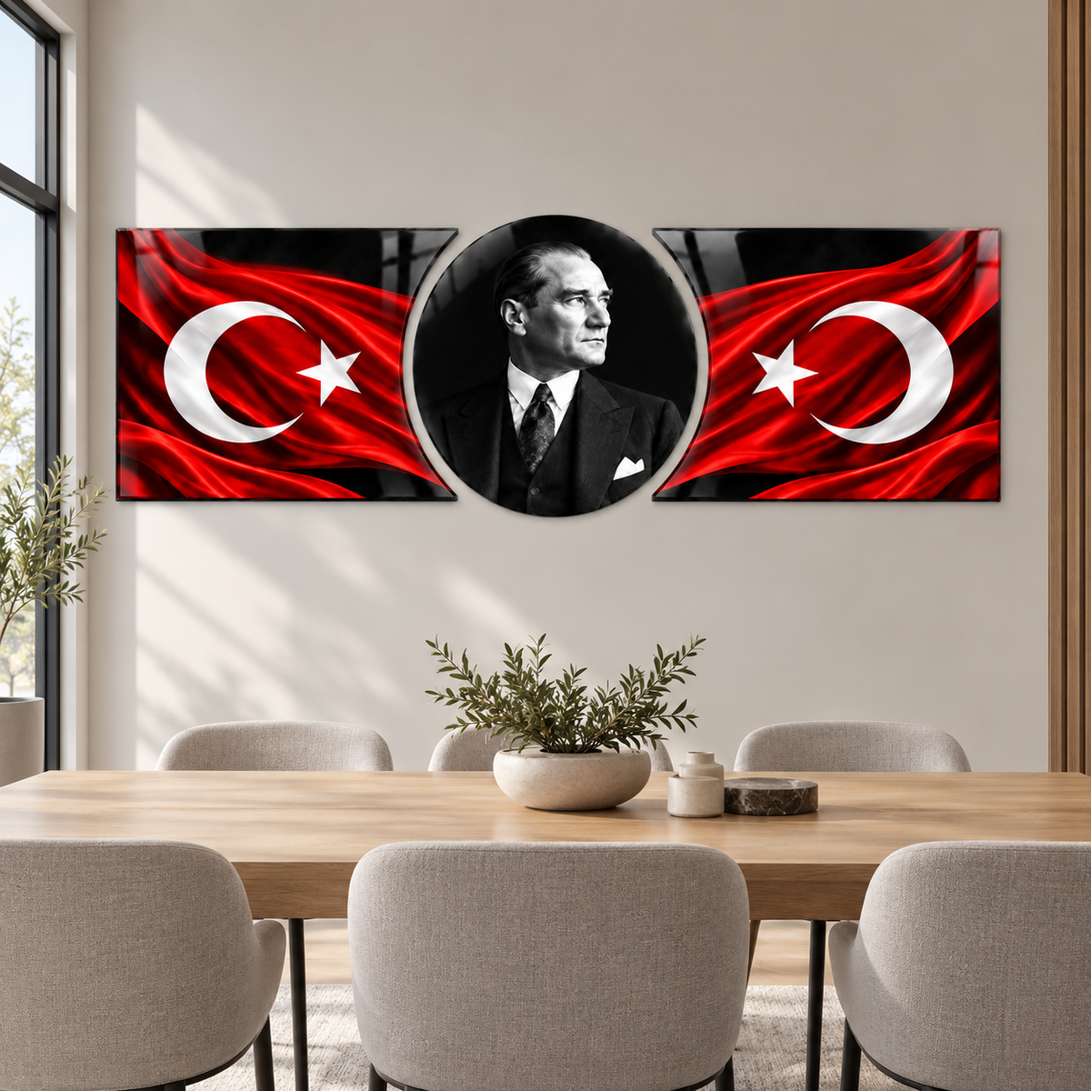 Atatürk ve karşılıklı Türk bayraklı şekilli kesim cam tablo yemek odası