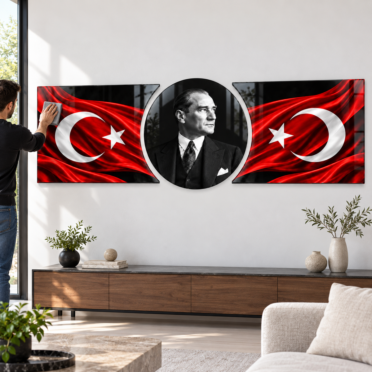 Atatürk ve karşılıklı Türk bayraklı şekilli kesim cam tablo kolay temizlik