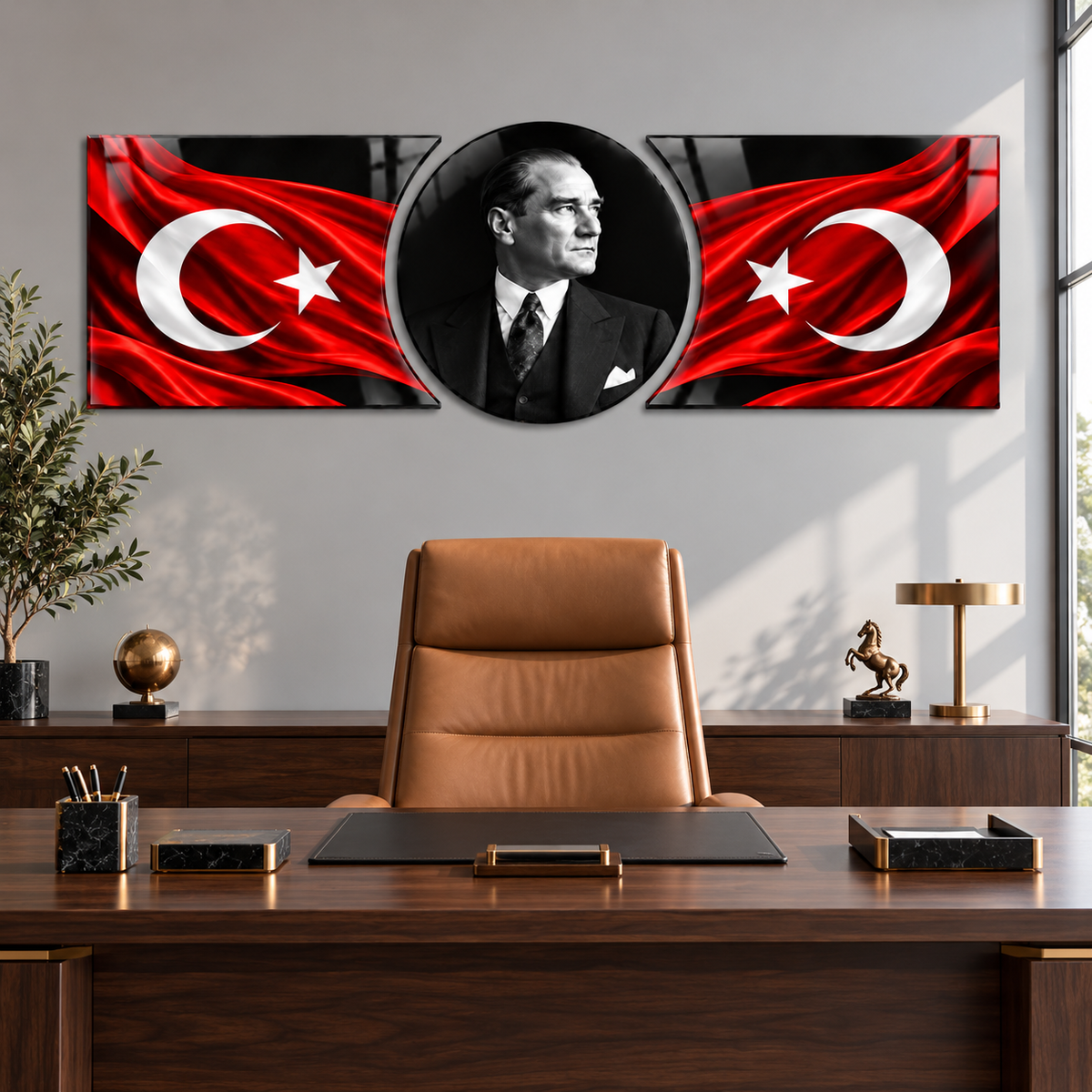 Atatürk ve karşılıklı Türk bayraklı şekilli kesim cam tablo çalışma odası