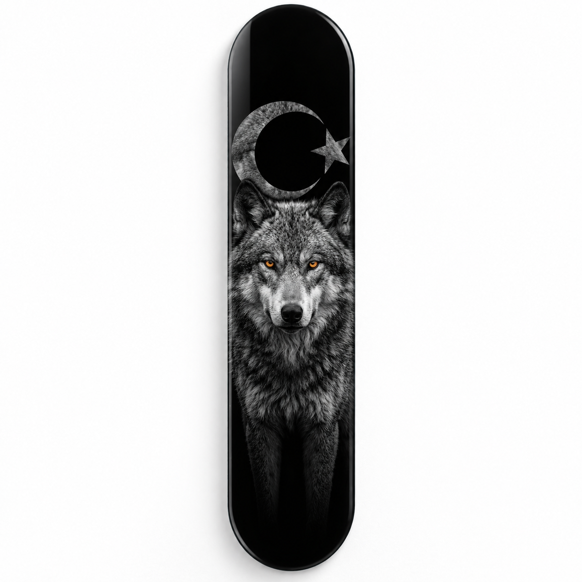 Ay Yıldızlı Gri Kurt Dikey Skate Board Cam Tablo – Beyaz fonda ön görünüm