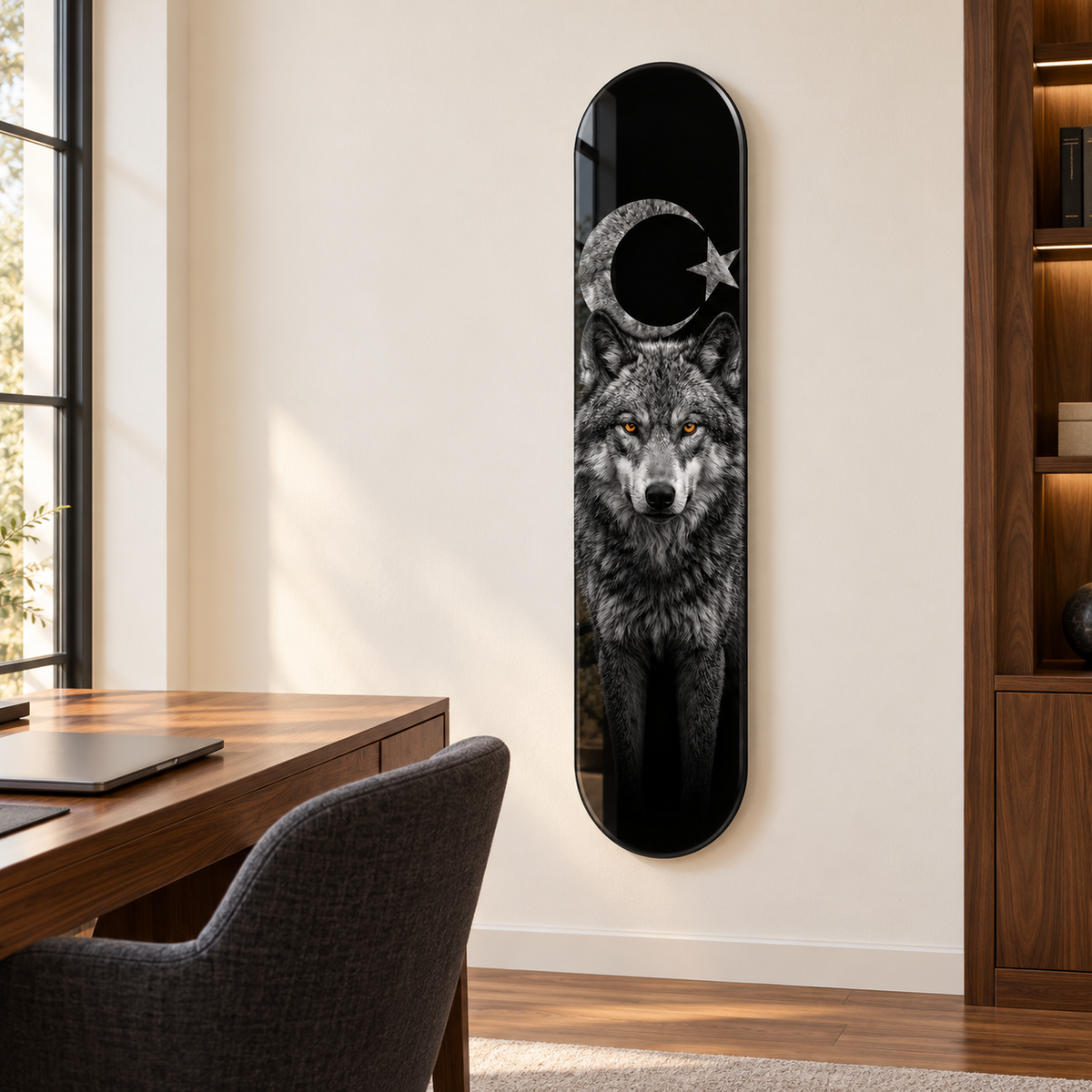 Ay Yıldızlı Gri Kurt Dikey Skate Board Cam Tablo – Çalışma odasında görünüm