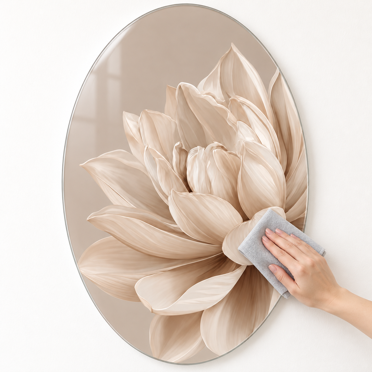 Bej Zeminli Krem Lotus Dikey Oval Cam Tablo - Kolay temizlik