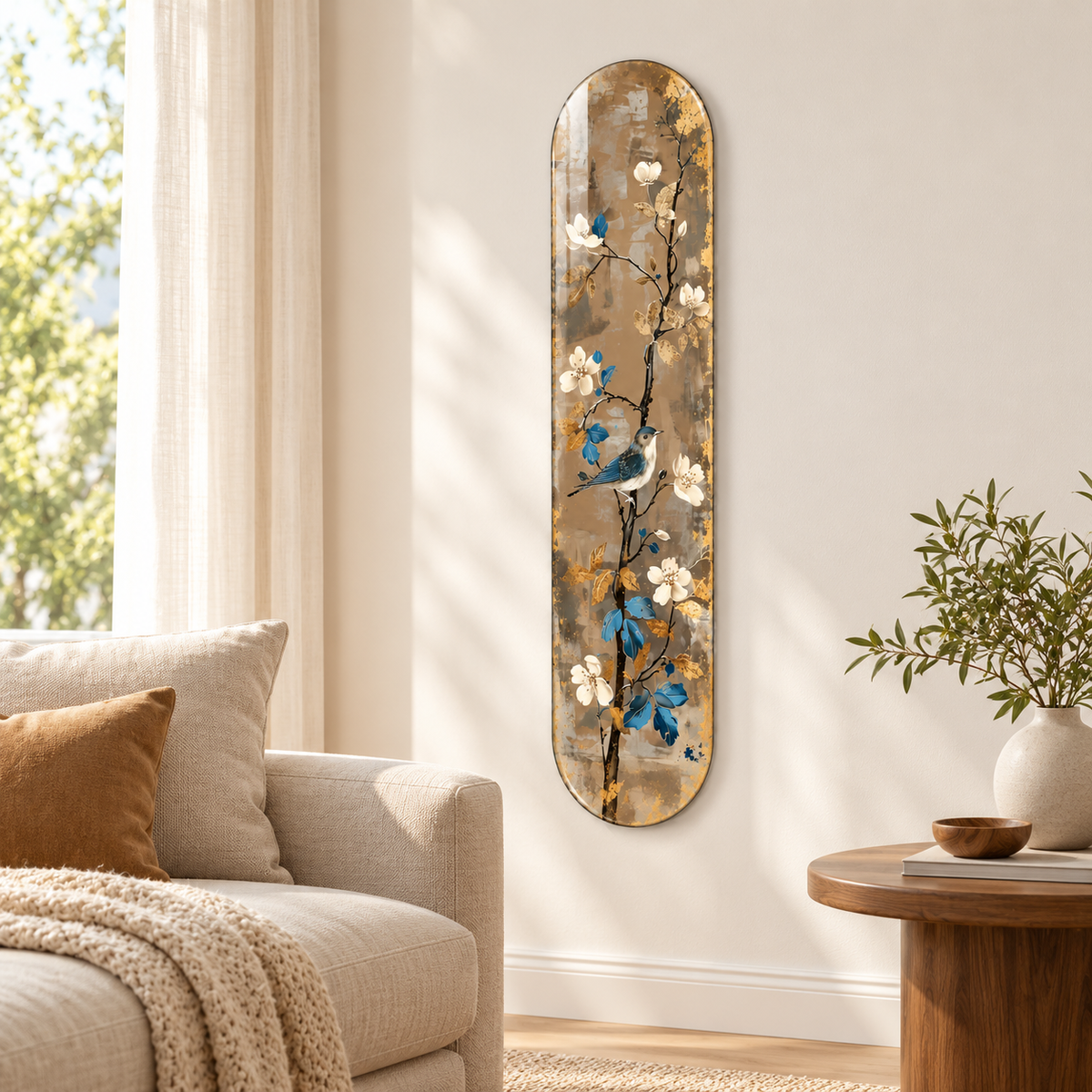 Beyaz Çiçekli Dalda Mavi Kuş Dikey Skate Board Cam Tablo – Salonda görünüm