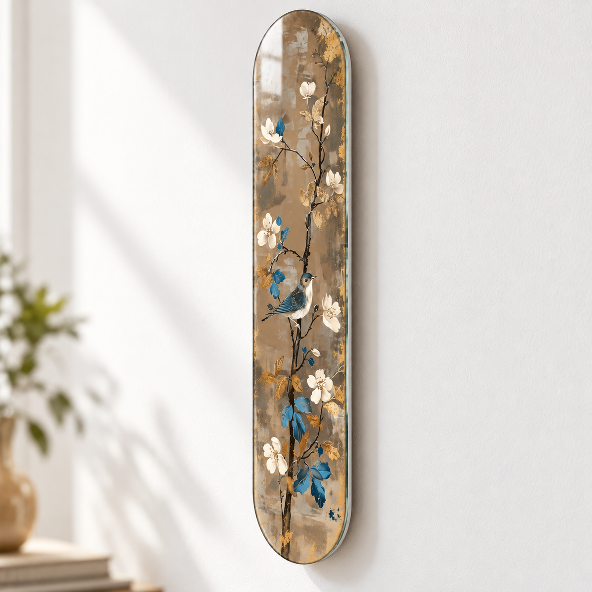 Beyaz Çiçekli Dalda Mavi Kuş Dikey Skate Board Cam Tablo – Duvar mesafesi