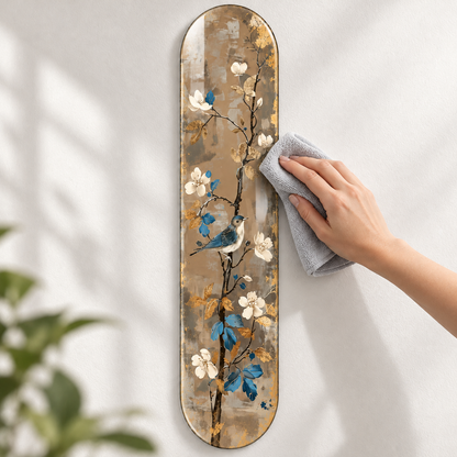Beyaz Çiçekli Dalda Mavi Kuş Dikey Skate Board Cam Tablo – Mikrofiber bezle bakım