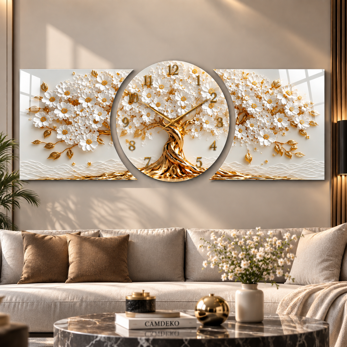Beyaz gold çiçekli hayat ağacı saatli cam saat premium salon görünümü
