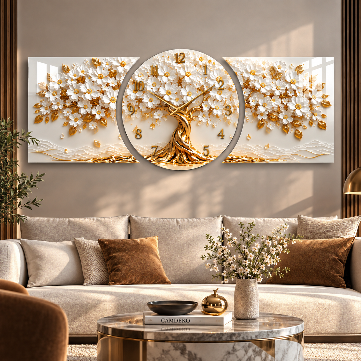 Beyaz gold çiçekli hayat ağacı saatli şekilli kesim cam saat farklı mekan görünümü