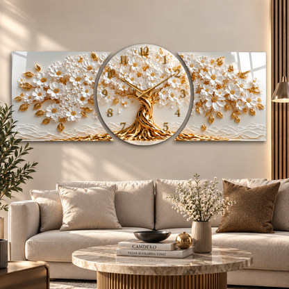 Beyaz gold çiçekli hayat ağacı saatli cam saat modern salon görünümü