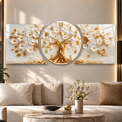Beyaz gold çiçekli hayat ağacı saatli cam saat sıcak tonlu salon görünümü