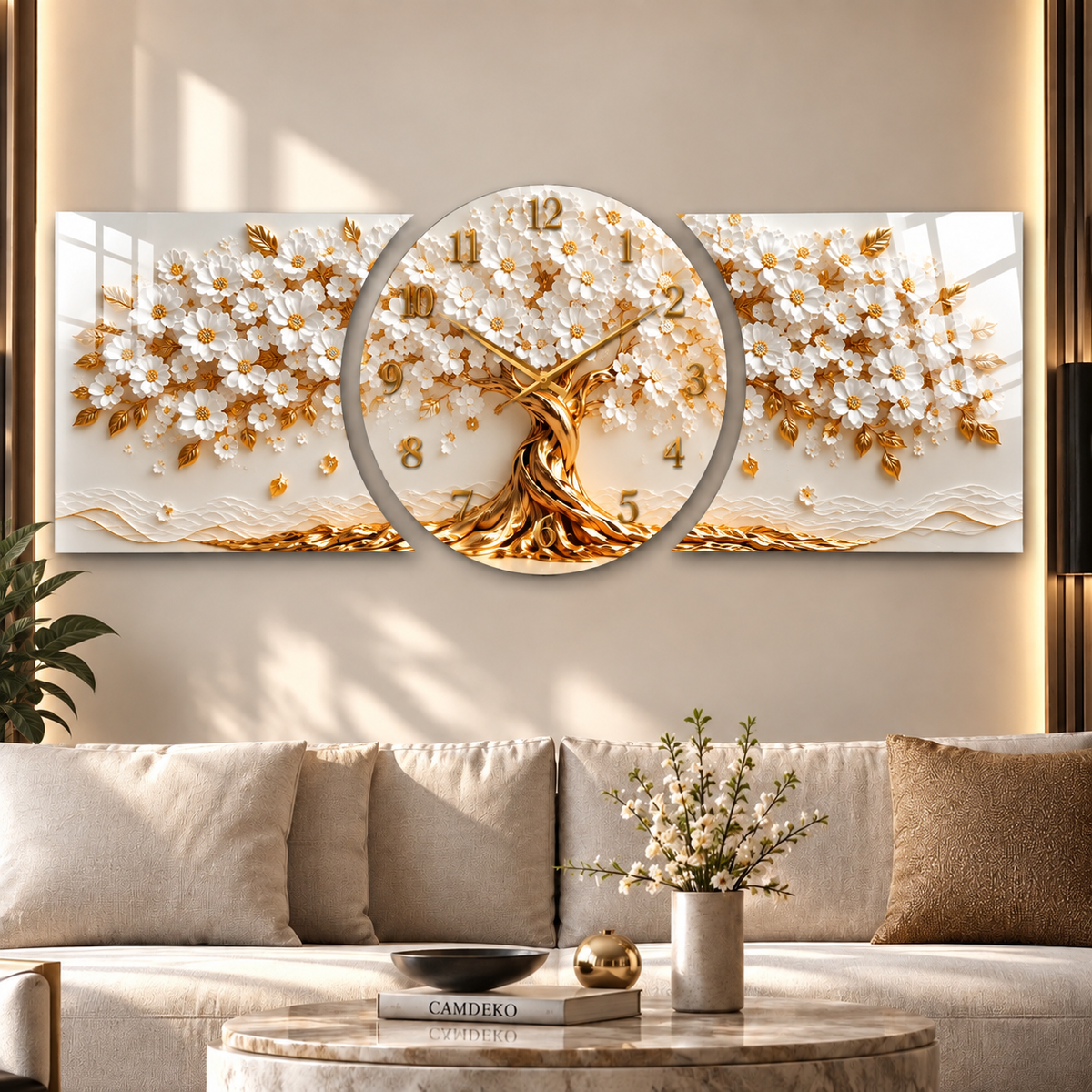 Beyaz gold çiçekli hayat ağacı saatli şekilli kesim cam saat alternatif salon görünümü