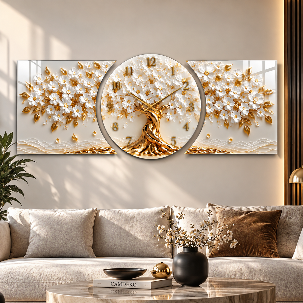Beyaz gold çiçekli hayat ağacı saatli cam saat dekoratif mekan görünümü