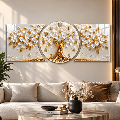 Beyaz gold çiçekli hayat ağacı saatli cam saat dekoratif mekan görünümü