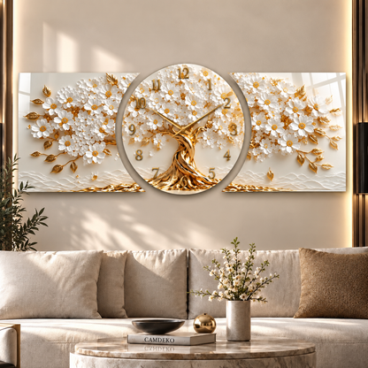 Beyaz gold çiçekli hayat ağacı saatli cam saat ürün detay görünümü