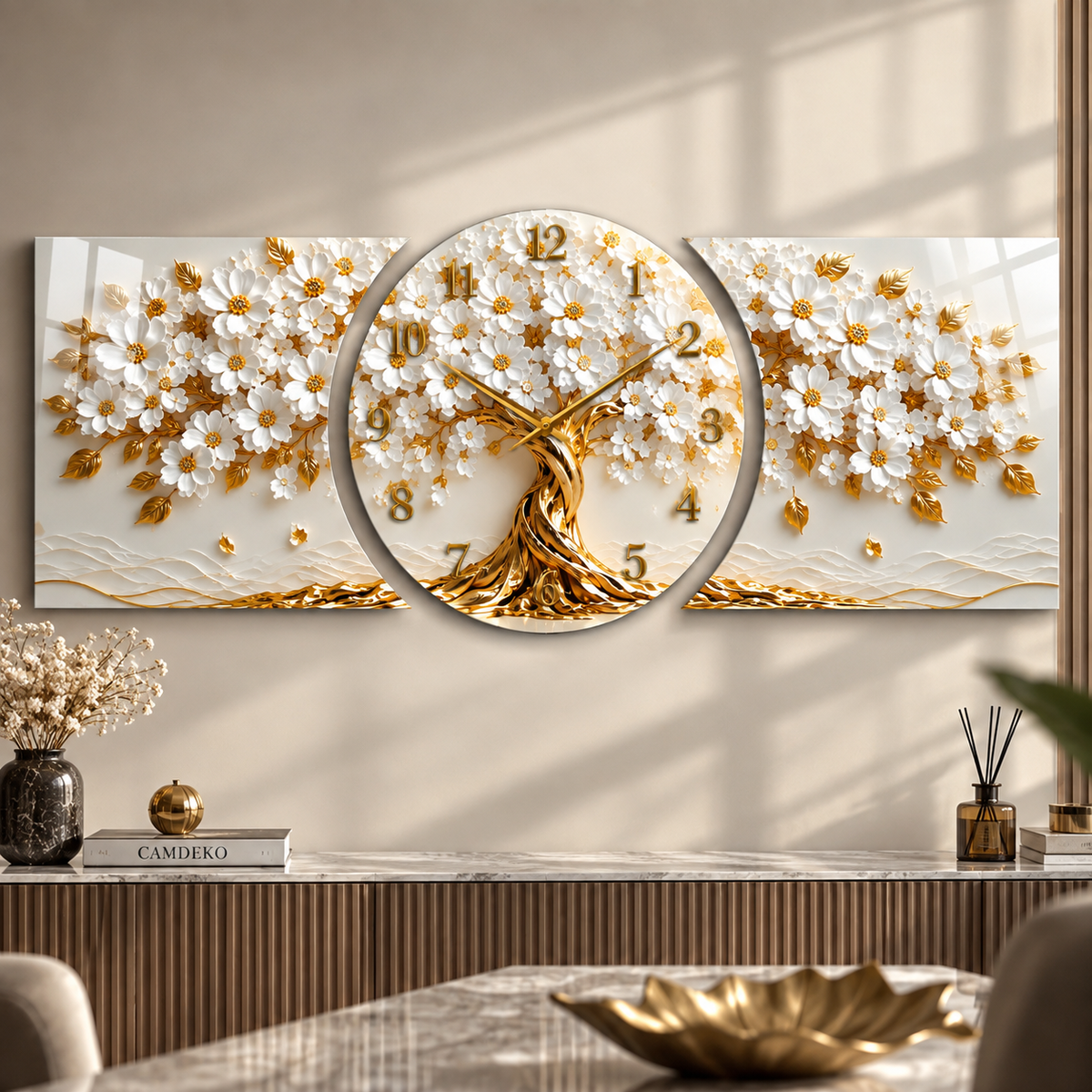 Beyaz gold çiçekli hayat ağacı saatli cam saat yaşam alanı görünümü