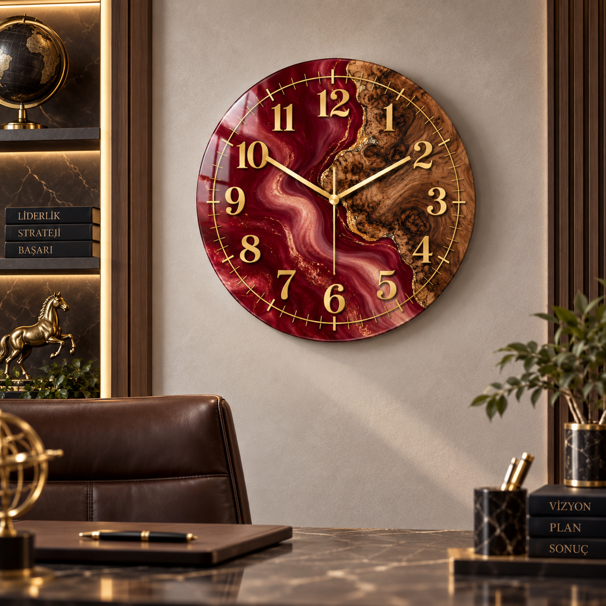 Bordo ve ahşap desenli gold cam duvar saatinin yönetici ofisinde görünümü