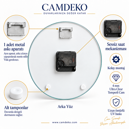 CAMDEKO bordo ahşap desenli cam saatin 4 mm Ultra Clear temperli cam ve teknik ürün özellikleri