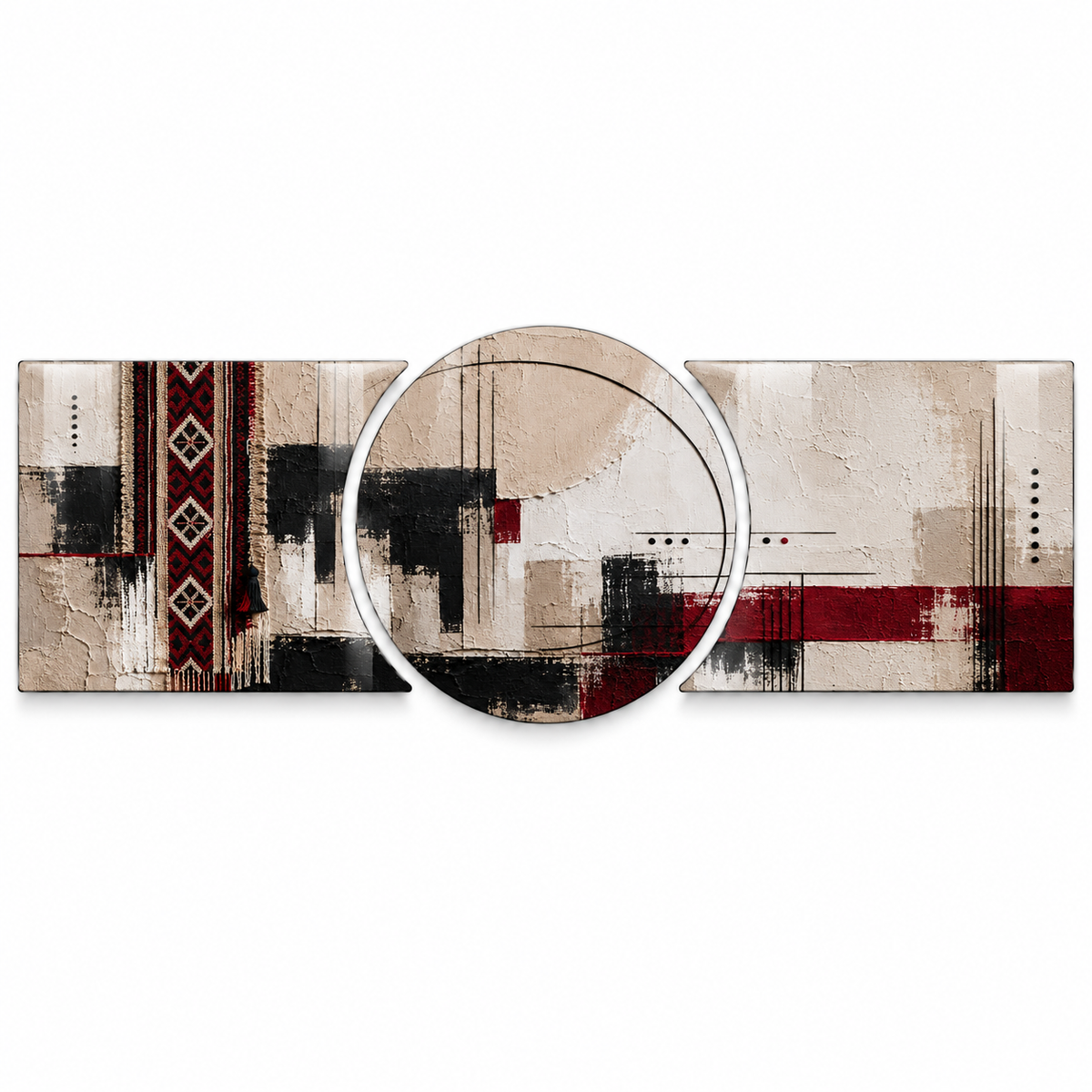 Bordo ve Bej Kilim Desenli Şekilli Kesim Cam Tablo — Beyaz vitrin