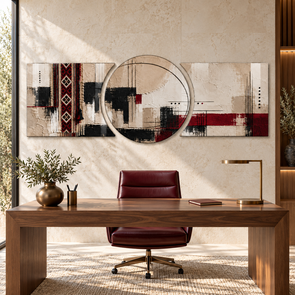 Bordo ve Bej Kilim Desenli Şekilli Kesim Cam Tablo — Çalışma odası