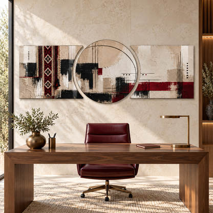 Bordo ve Bej Kilim Desenli Şekilli Kesim Cam Tablo — Çalışma odası