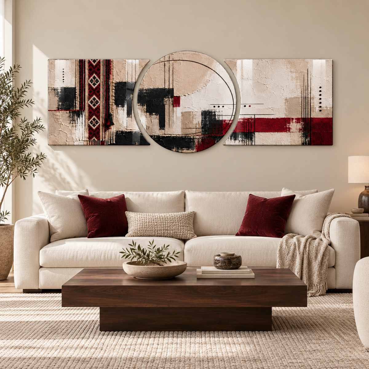 Bordo ve Bej Kilim Desenli Şekilli Kesim Cam Tablo — Salon