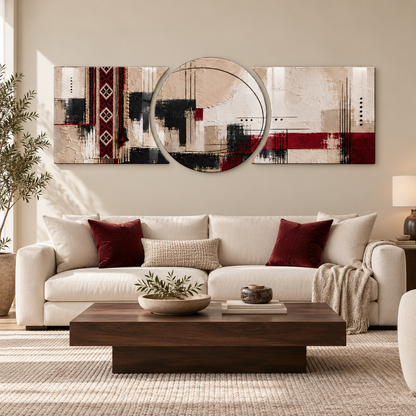 Bordo ve Bej Kilim Desenli Şekilli Kesim Cam Tablo — Salon