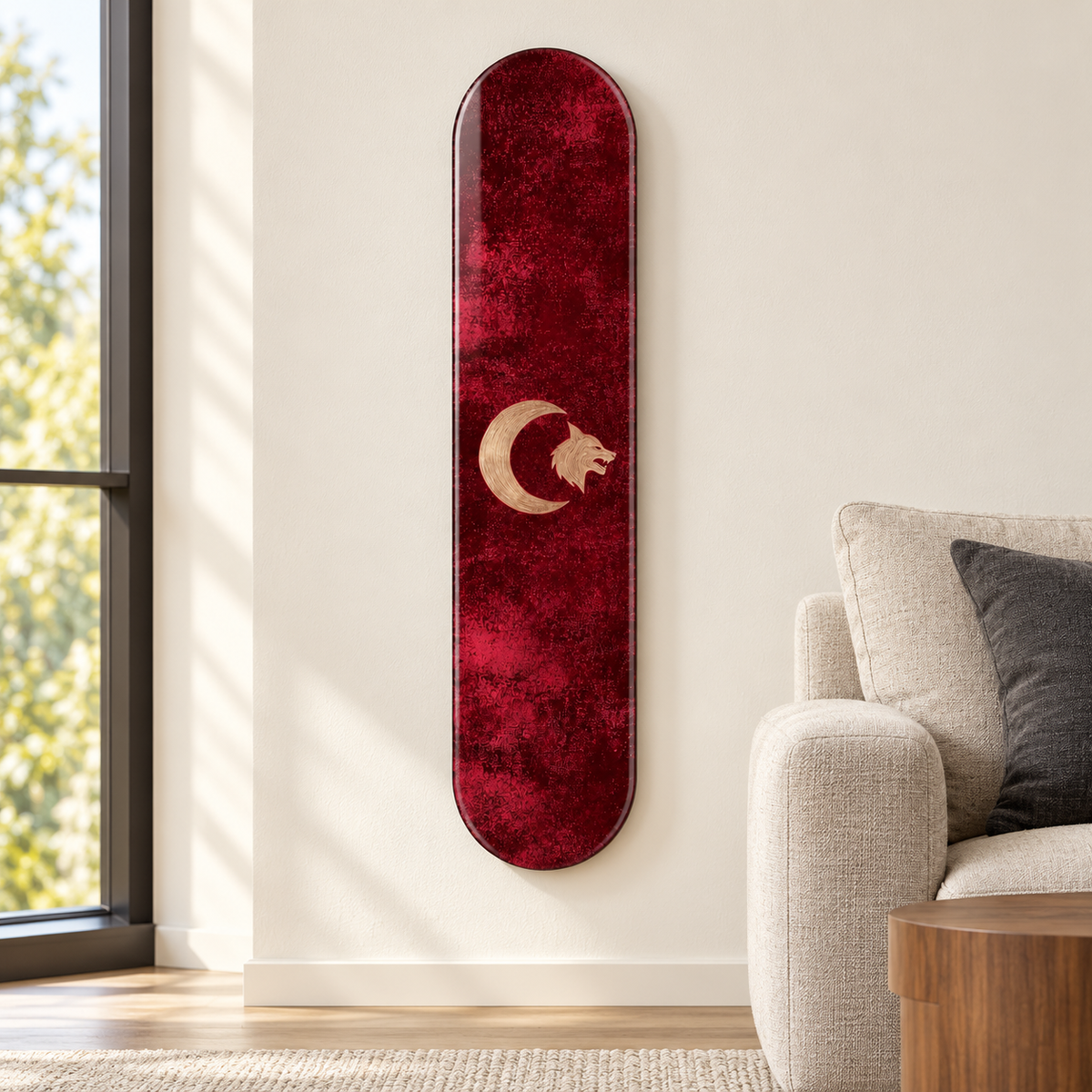 Bordo Zeminde Hilal ve Bozkurt Dikey Skate Board Cam Tablo – Salonda görünüm