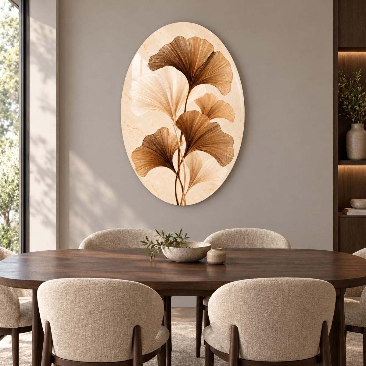 Bronz ve Fildişi Ginkgo Yaprakları Dikey Oval Cam Tablo - Yemek odası