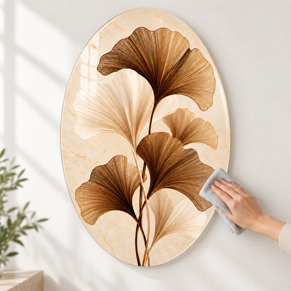 Bronz ve Fildişi Ginkgo Yaprakları Dikey Oval Cam Tablo - Kolay temizlik