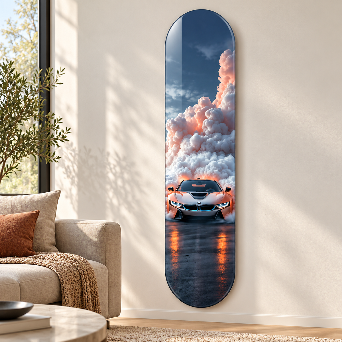 Bulutlar Arasında Bakır Renkli Spor Otomobil Dikey Skate Board Cam Tablo – Salon