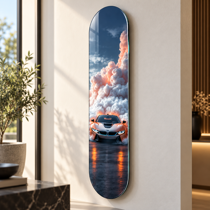 Bulutlar Arasında Bakır Renkli Spor Otomobil Dikey Skate Board Cam Tablo – Açılı görünüm