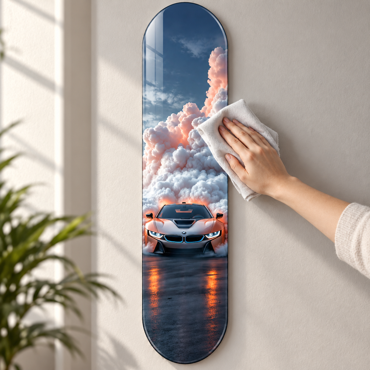 Bulutlar Arasında Bakır Renkli Spor Otomobil Dikey Skate Board Cam Tablo – Bakım