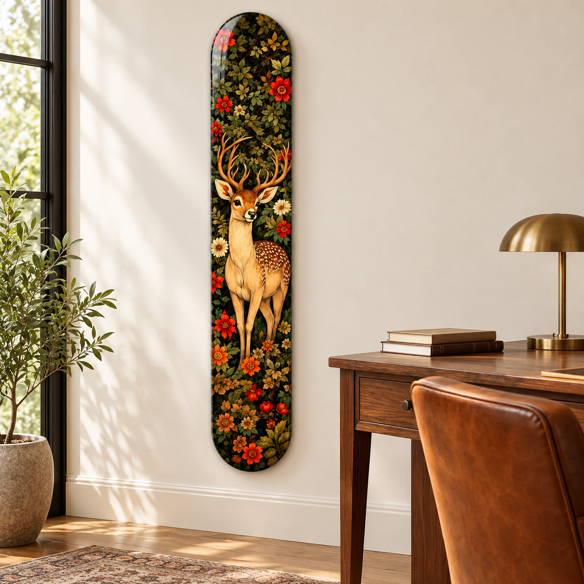 Çiçekler Arasında Geyik Dikey Skate Board Cam Tablo – Çalışma odasında görünüm