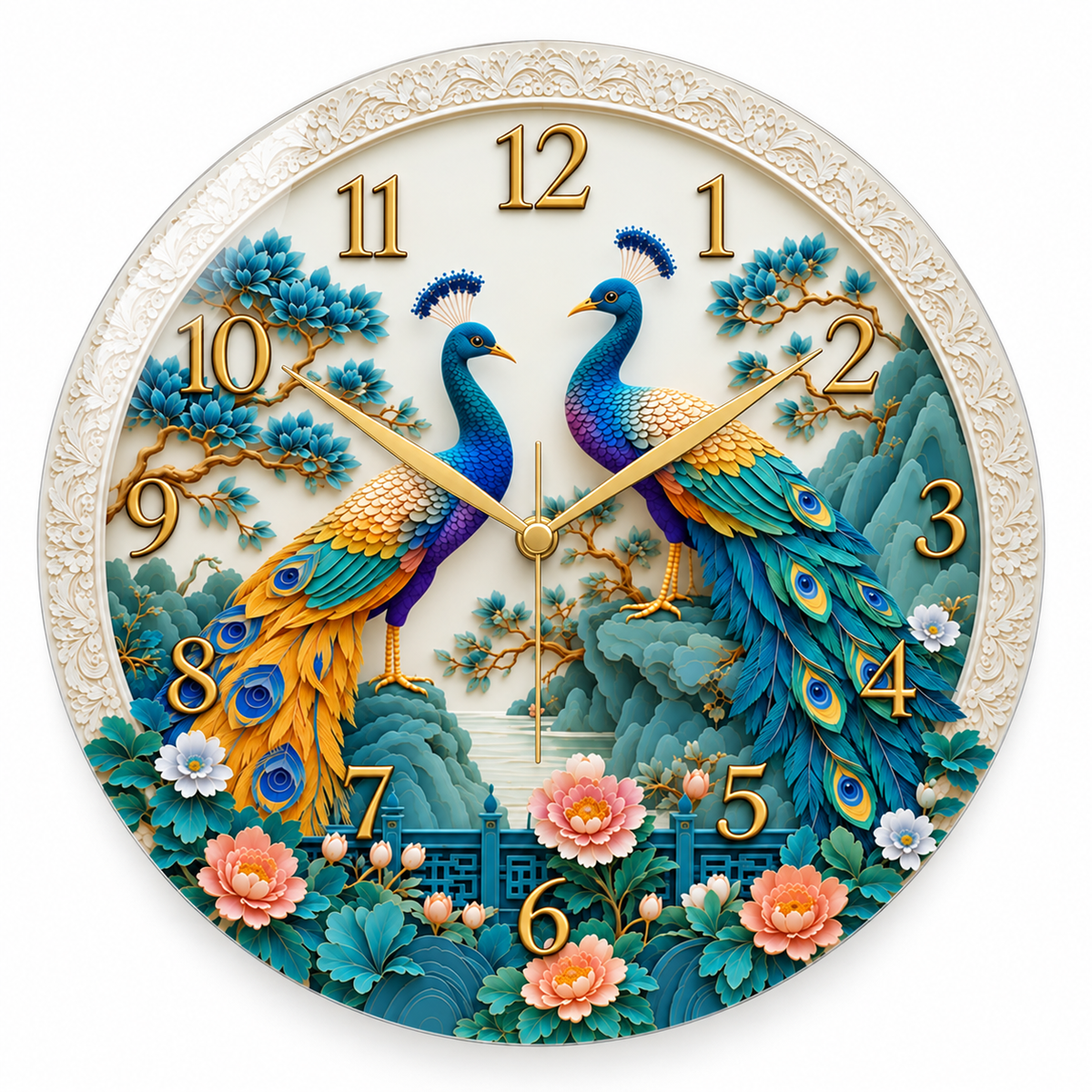 Çiçekli Tavus Kuşu Cam Duvar Saati; altın renkli akrep, yelkovan ve saniye koluyla beyaz zemin vitrin görünümü