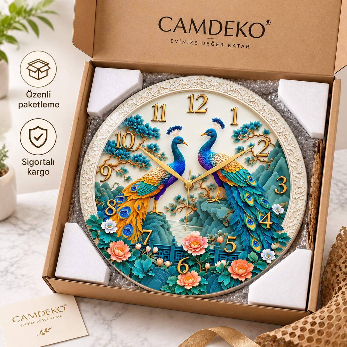 Çiçekli Tavus Kuşu Cam Duvar Saatinin CAMDEKO kraft kutuda beyaz köşe koruyucularla paketlenmesi